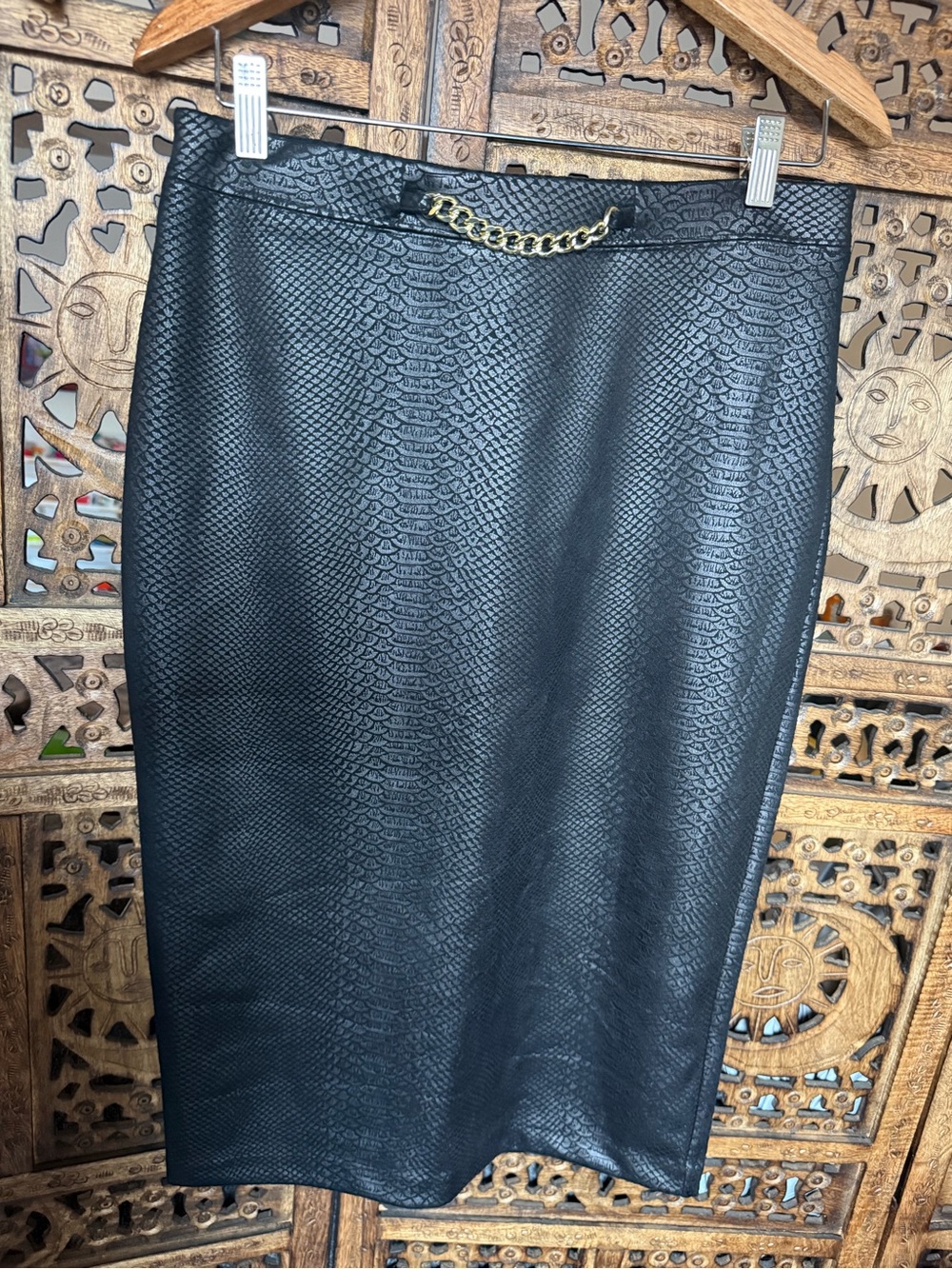 NWT Marc New York Black Faux Snake-Embossed Pencil Skirt with Gold Chain SZ S